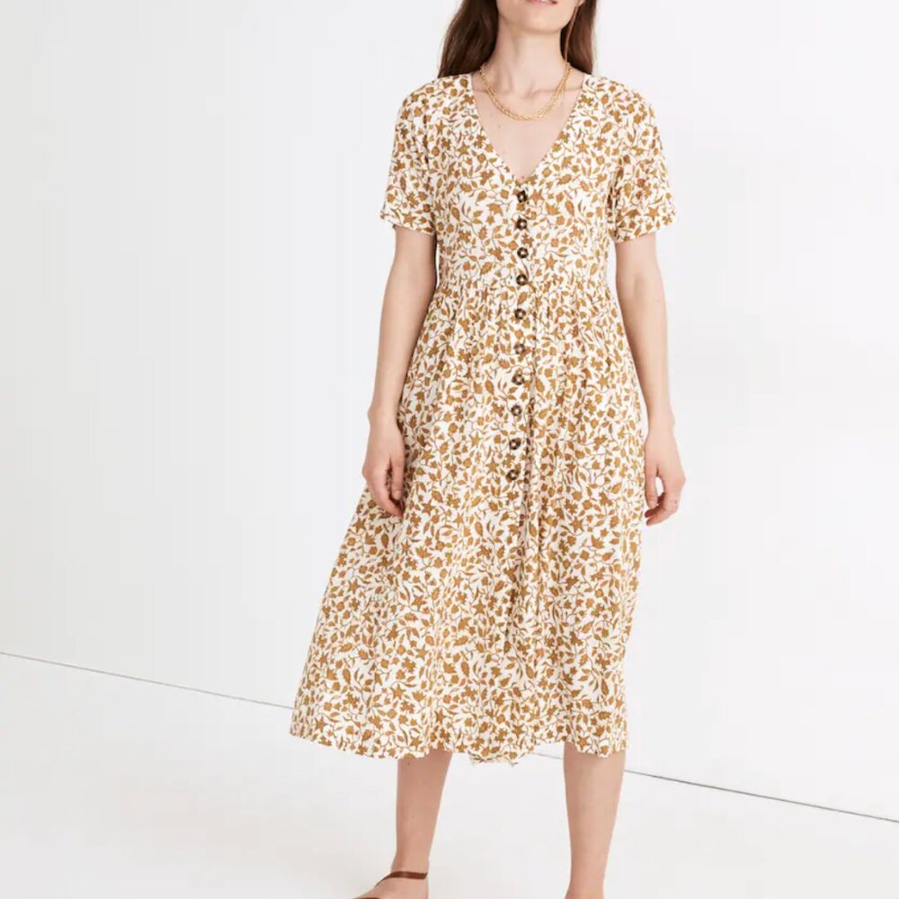 Madewell XL Button-Front Midi Dress Batik Vine Pockets Floral Leaves Soft Light